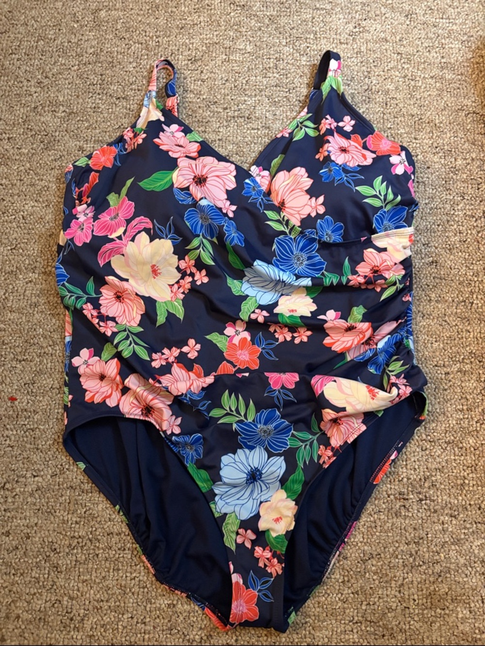 Liz Claiborne Navy Floral One-Piece Swimsuit with Pink, Blue & Green Flowers